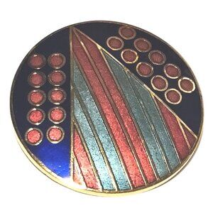 Vintage Brooch Modernist Cloisonne' Enamel Pin Red Blue Geometric Abstract Gold